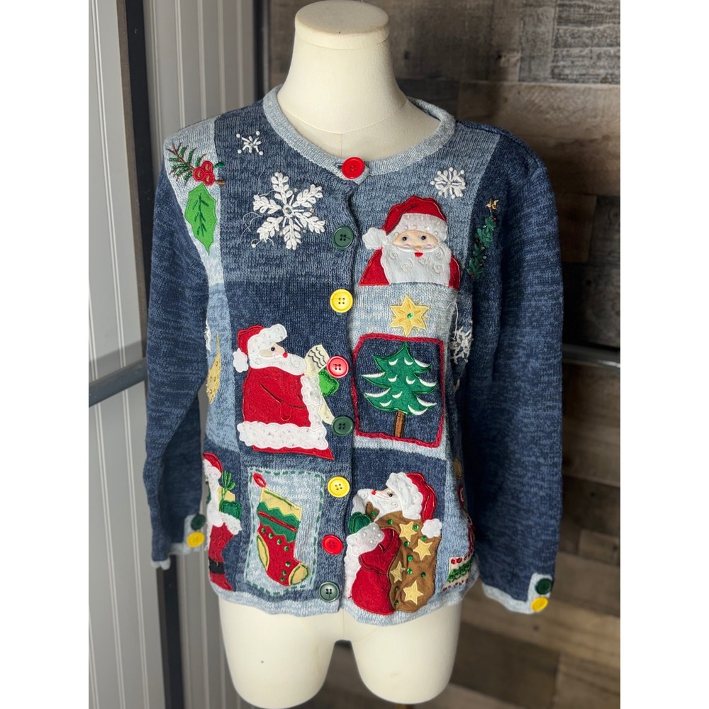 Vintage Style Blue Marl Christmas Cardigan Santa Patchwork Embroidered Sweater